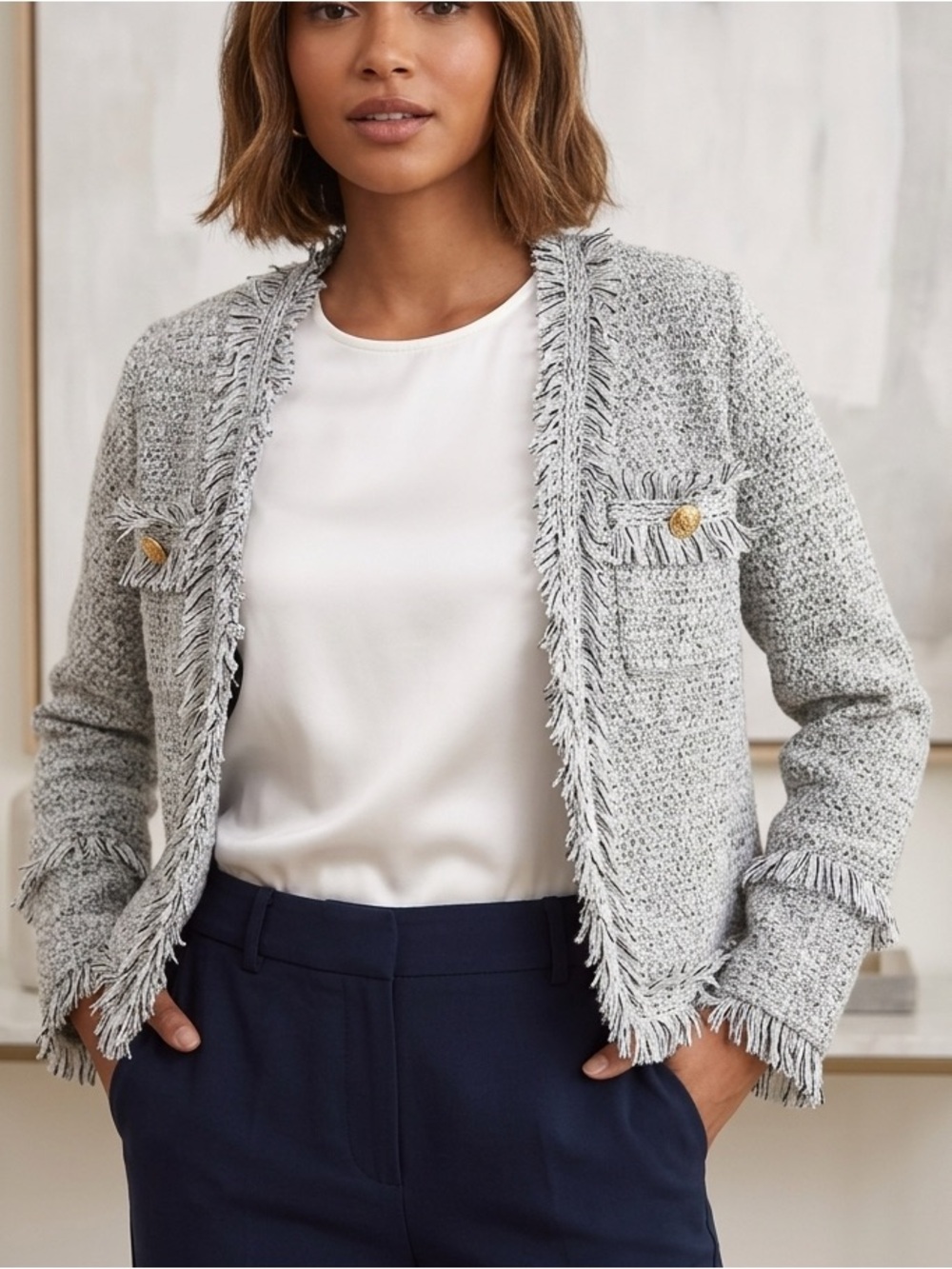 Kate & Mallory Textured Knit Tweed Style Cardigan with Fringe